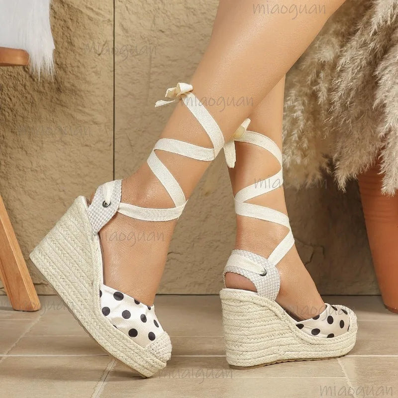 Women's Dot Espadrille Wedge Sandals - Braided Hemp Platform Shoes with Ribbon Ankle Wrap