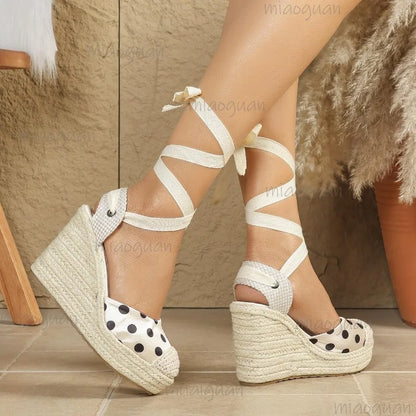 Women's Dot Espadrille Wedge Sandals - Braided Hemp Platform Shoes with Ribbon Ankle Wrap
