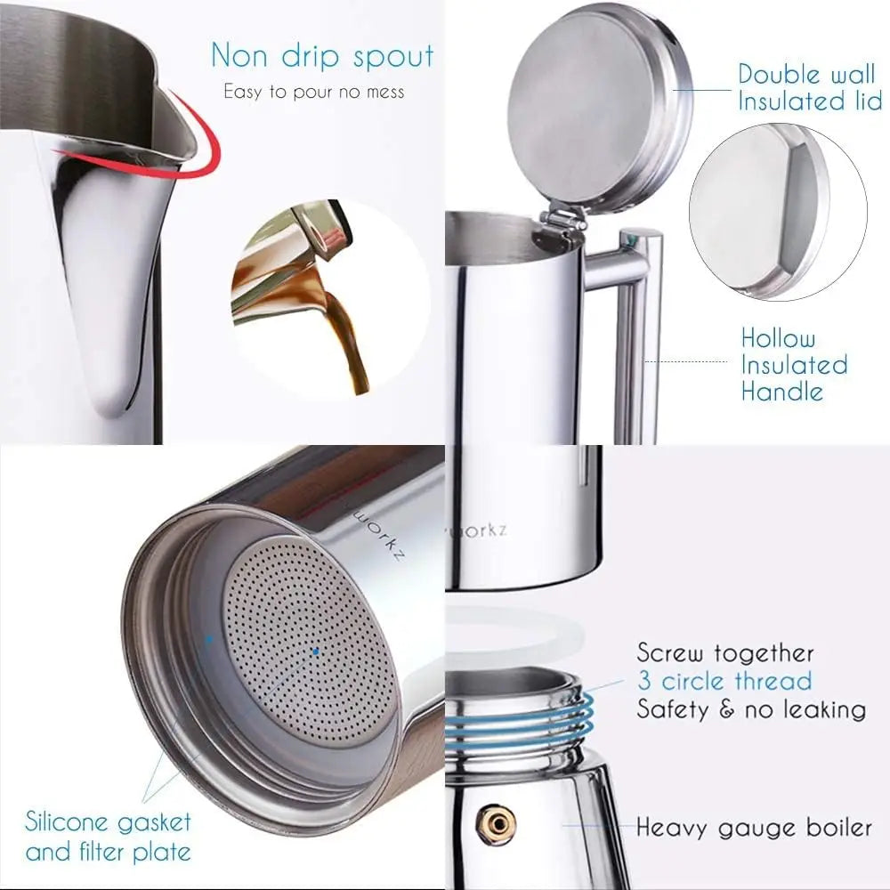 Easyworkz Diego 4-Cup Stovetop Espresso Maker — Stainless Steel Italian Moka Pot, 6.8 oz Induction Coffee Machine