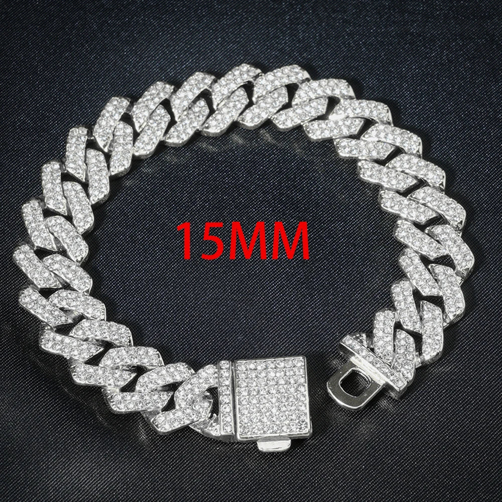 3pcs Men’s Cuban Chain Watch & Jewelry Set – Hip Hop Miami Curb Iced Out Rhinestone Necklace, Suit Watch & Bracelet