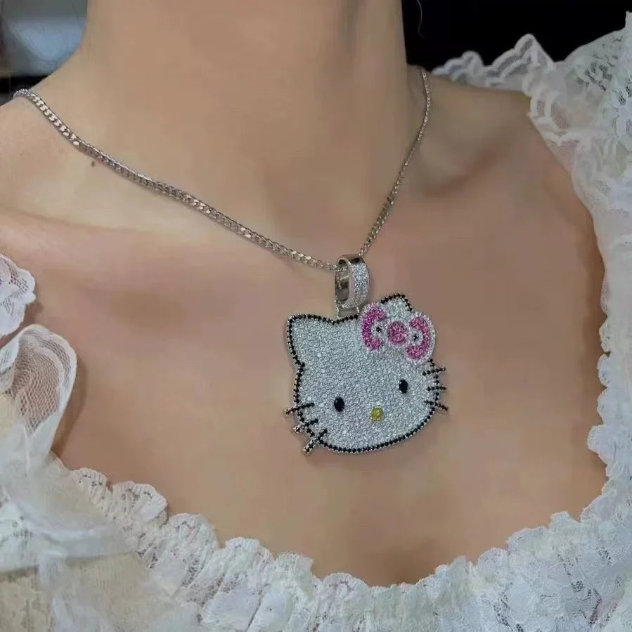 Hello Kitty Y2K White Gold Pendant Necklace – Sweet Long Layered Jewelry Chain for Women, Halloween Style (Europe & America)