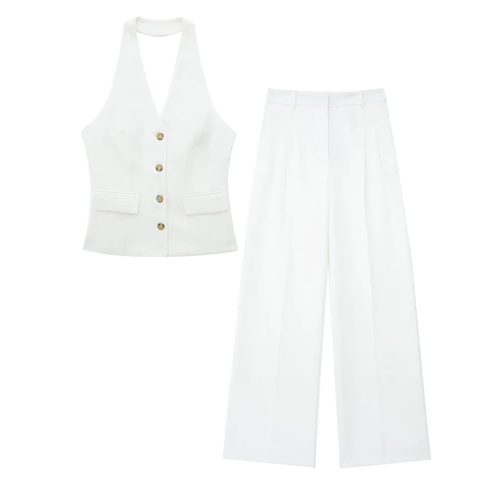 TRAFZA Women’s 2-Piece Set — Sleeveless Halter Vest Top with High-Waist Wide Leg Pants & Zipper Pockets