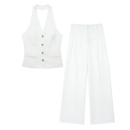 TRAFZA Women’s 2-Piece Set — Sleeveless Halter Vest Top with High-Waist Wide Leg Pants & Zipper Pockets