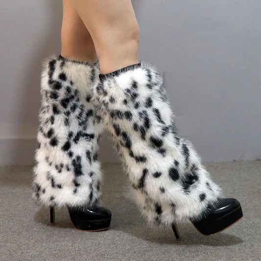 Faux Fur Leopard Leg Warmers – Thick Y2K Long Tube Plush Stockings Japanese Lolita JK Boots Cover