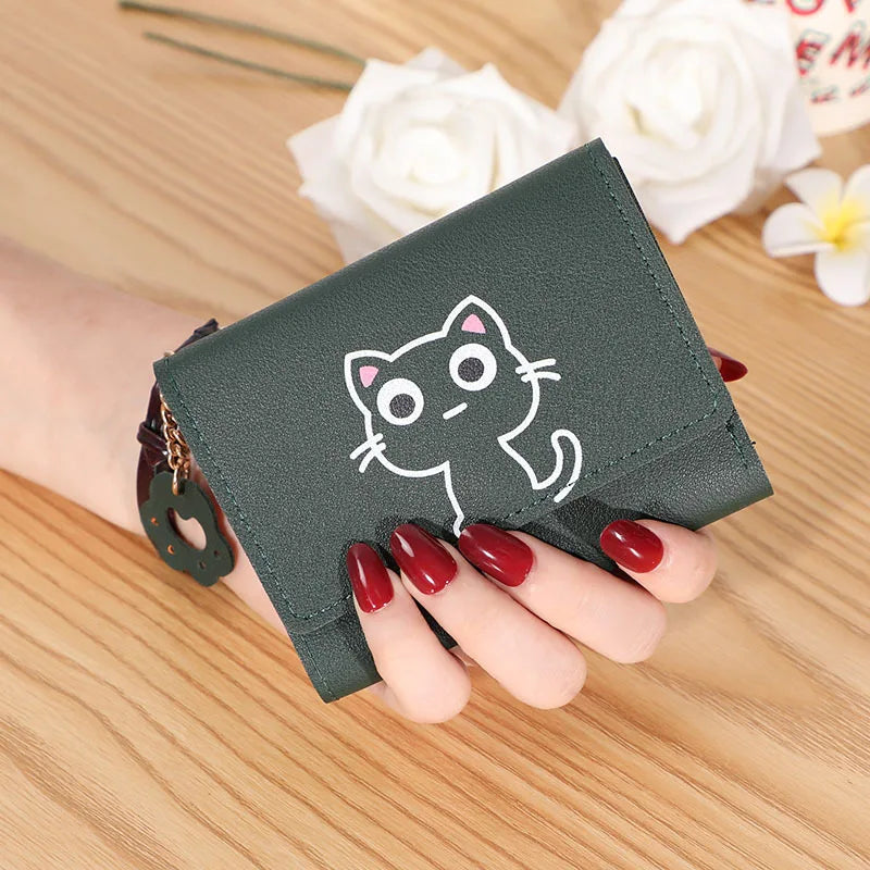 Women’s Cute Cat PU Leather Wallet — Small Short Card Holder Purse with Hasp, Fashion Money Bag for Girls & Gifts