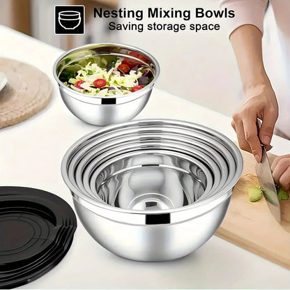 17pcs Stainless Steel Mixing Bowl Set with Lids and Grater Attachment – Non-Slip Kitchen Gadget for Mixing and Serving