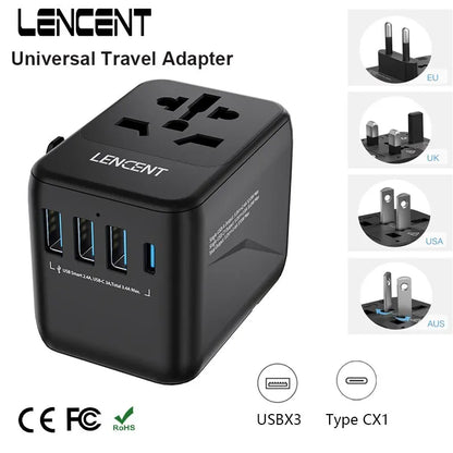 LENCENT Universal Travel Adapter with 3 USB Ports & Type-C PD Charging - EU/UK/USA/AUS Plug, All-in-One Travel Charger