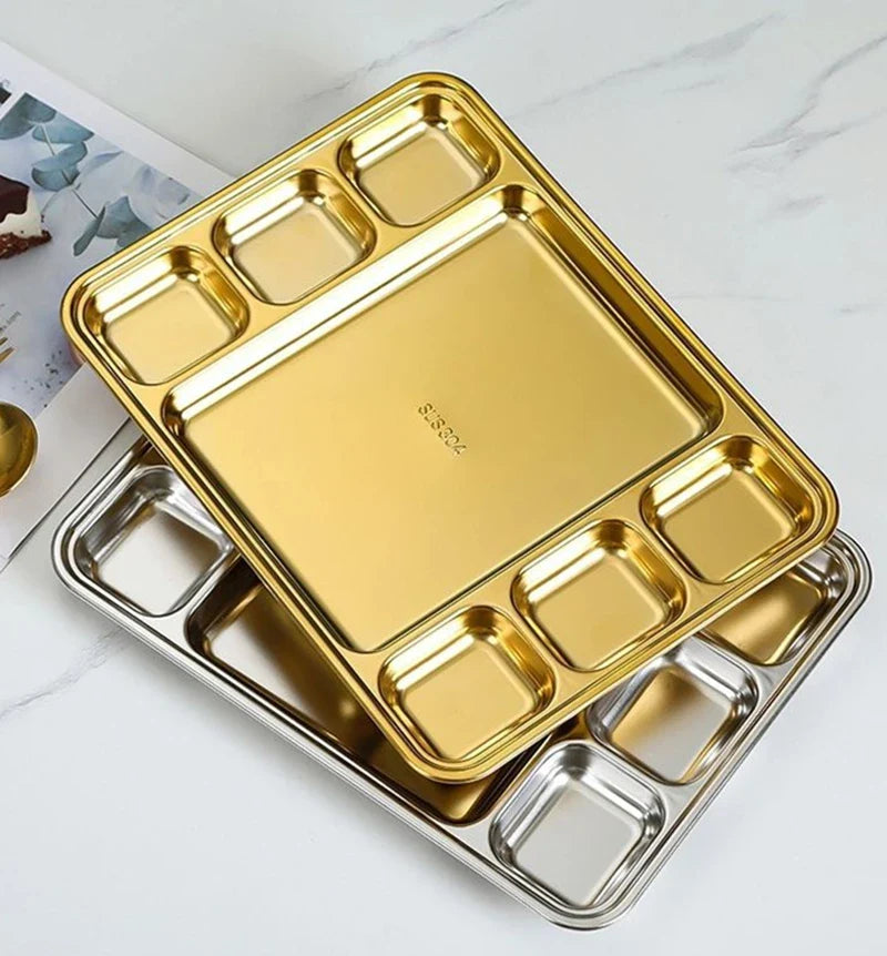 Gold Stainless Steel Divided Dining Plate – Compartment Food Serving Tray Kitchen Tableware