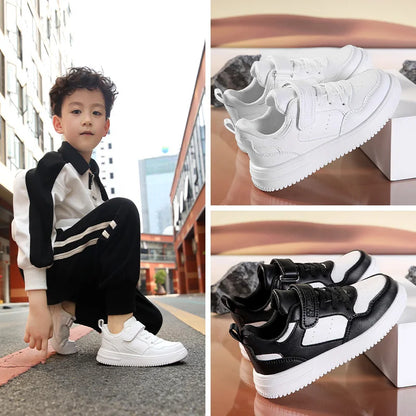 Kids' Black Leather Sneakers – Non-Slip Casual Walking & Tennis Shoes for Boys and Girls