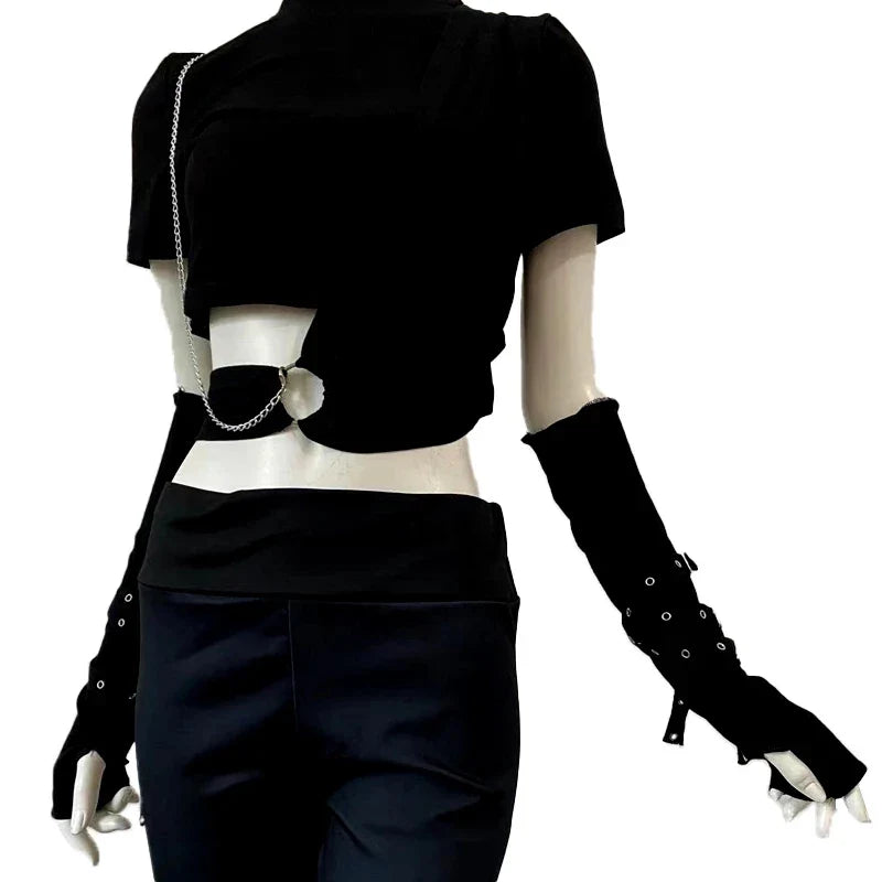 Women’s Punk Rivet Fingerless Gloves – Gothic Hip Hop Half Finger Wrist Mittens with Eyelet Ribbon, Harajuku Party & Streetwear Elbow Gloves
