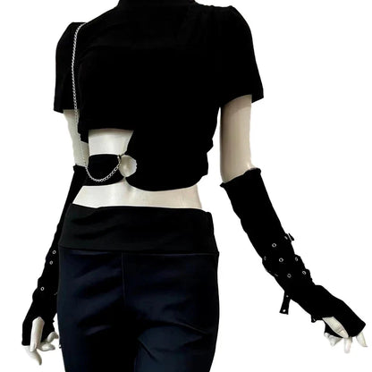 Women’s Punk Rivet Fingerless Gloves – Gothic Hip Hop Half Finger Wrist Mittens with Eyelet Ribbon, Harajuku Party & Streetwear Elbow Gloves