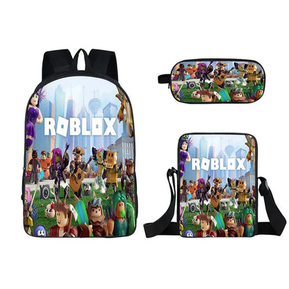 Kids Roblox 3-in-1 Backpack Set — School Bookbag, Shoulder Bag & Pencil Case Waterproof Travel Bag for Teens