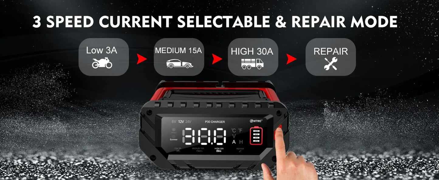 12V/30A & 24V/16A Smart Car Battery Charger — 6V/10A Motorcycle Battery Repair for AGM, GEL, Lithium & LiFePO4 Batteries