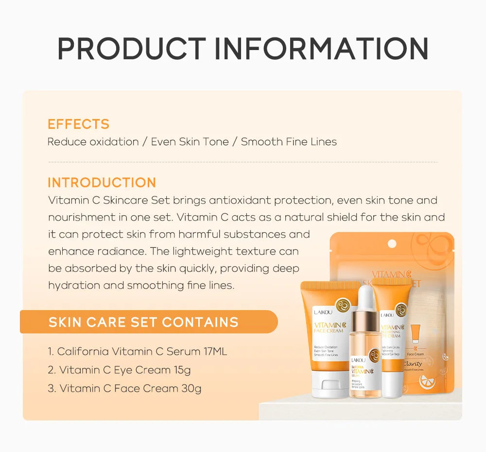 3pcs LAIKOU Vitamin C 24K Golden Sakura Skincare Set – Moisturizing Face Cream, Serum & Eye Cream