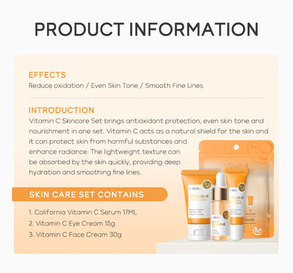 3pcs LAIKOU Vitamin C 24K Golden Sakura Skincare Set – Moisturizing Face Cream, Serum & Eye Cream