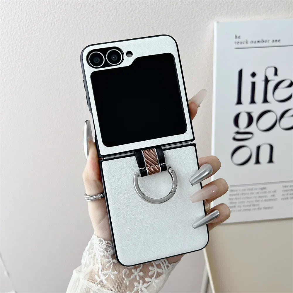 Ultra-Thin Ring Holder PU Leather Luxury Case for Samsung Galaxy Z Flip 6 / 5 / 4 / 3 – Slim Flip Phone Protective Cover with Kickstand Grip Design