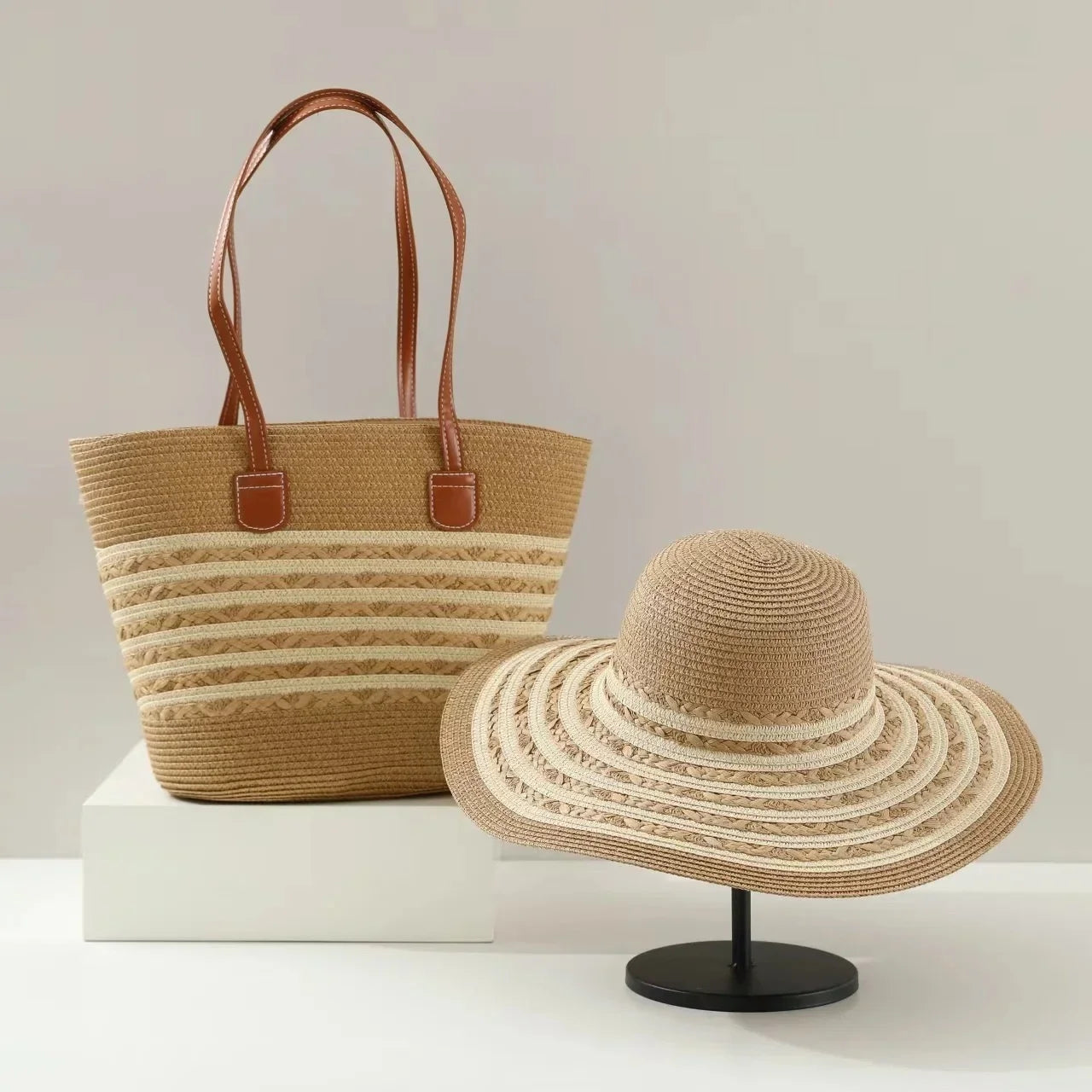 French Style Straw Handbag & Summer Beach Hat Set – Woven Bucket Bag with Fine Stripes