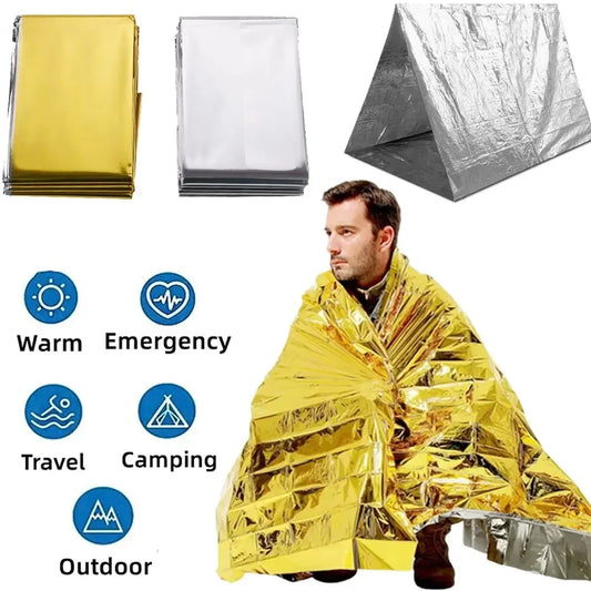 Emergency Thermal Poncho Blanket - Lightweight, Water-Resistant, Windproof, and Reusable - Ideal for First Aid, Camping, and Sunshade