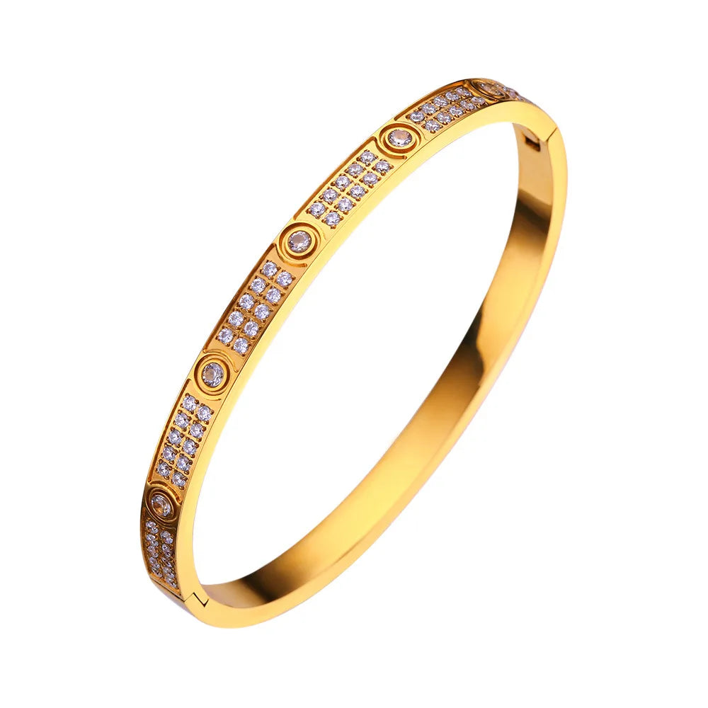 Women’s Gold Zircon Cross Nail Bracelet – Stainless Steel Screw Bangle Jewelry with CZ Stones, Fashion Wrist Accessory