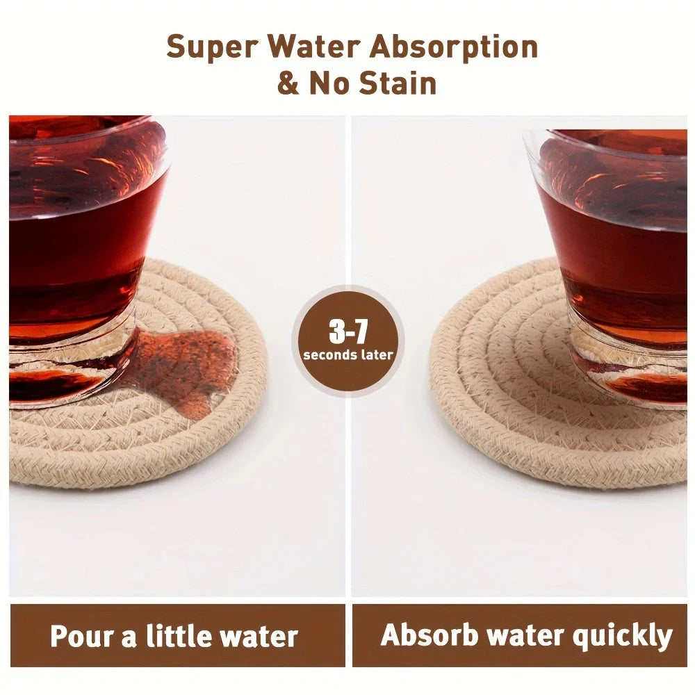 8-Piece High-Temperature Resistant Woven Coaster Set with Holder - Absorbent Cup Coasters for Coffee, Tea, and Drinks