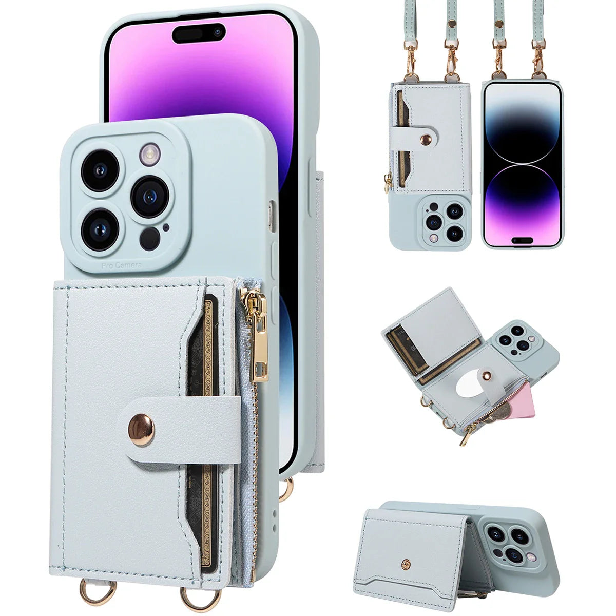 Faux Leather Crossbody Wallet Case for iPhone 16 Pro Max/15/14/13/12/11/XS Max/XR/7/8 Plus – Anti-Drop Phone Cover with Mirror & Card Holder