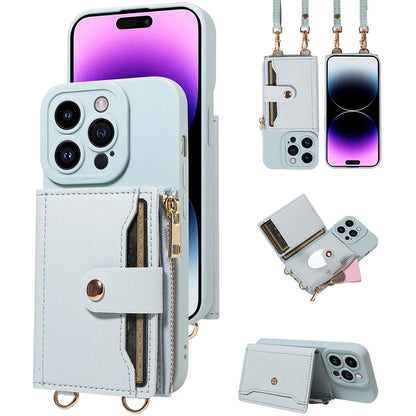 Faux Leather Crossbody Wallet Case for iPhone 16 Pro Max/15/14/13/12/11/XS Max/XR/7/8 Plus – Anti-Drop Phone Cover with Mirror & Card Holder