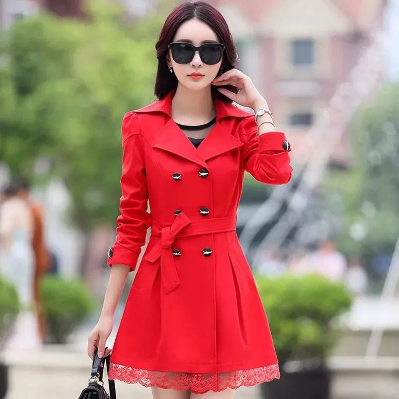 2025 Spring Autumn Women’s Slim Lace Trench Coat – Fashion Mid-Length Double-Breasted Windbreaker Outerwear