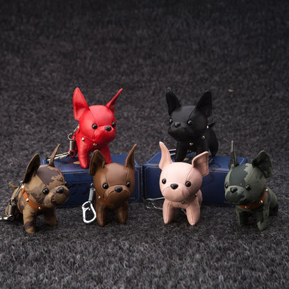 Punk French Bulldog PU Leather Dog Keychain — Fashion Bag Charm for Women Car Key Ring