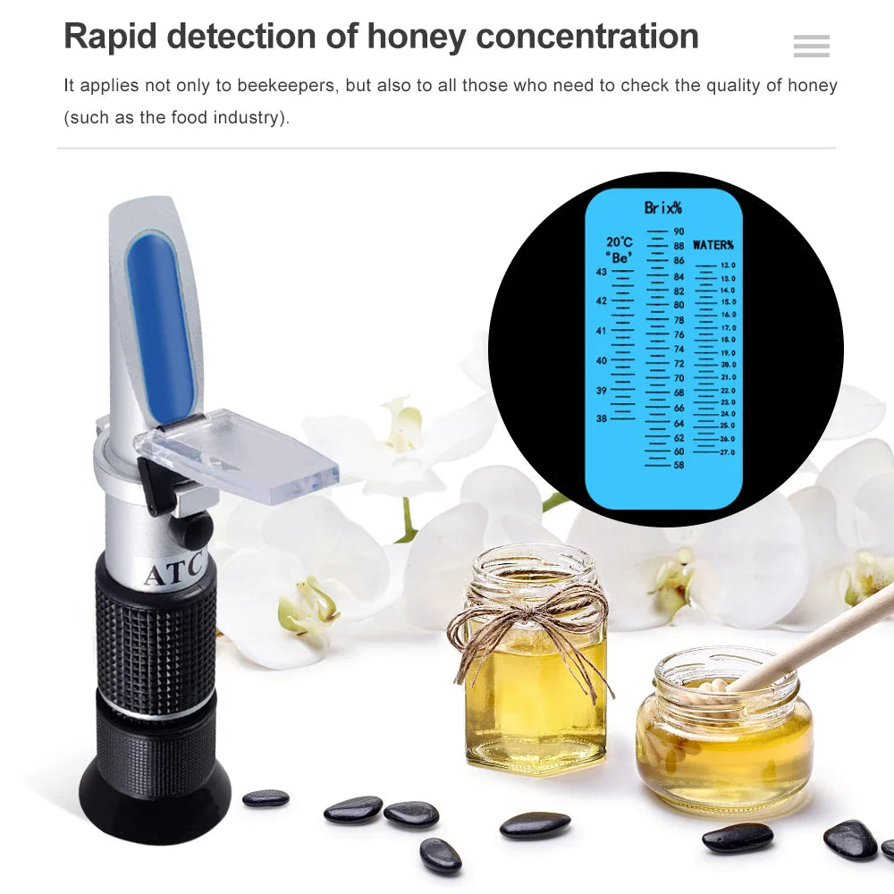 Optimize Honey Quality: 3 in 1 Handheld Honey Refractometer - Measures 58-90% Brix Sugar Concentration, 38-43% Baume Degrees, and 12-27% Water Content