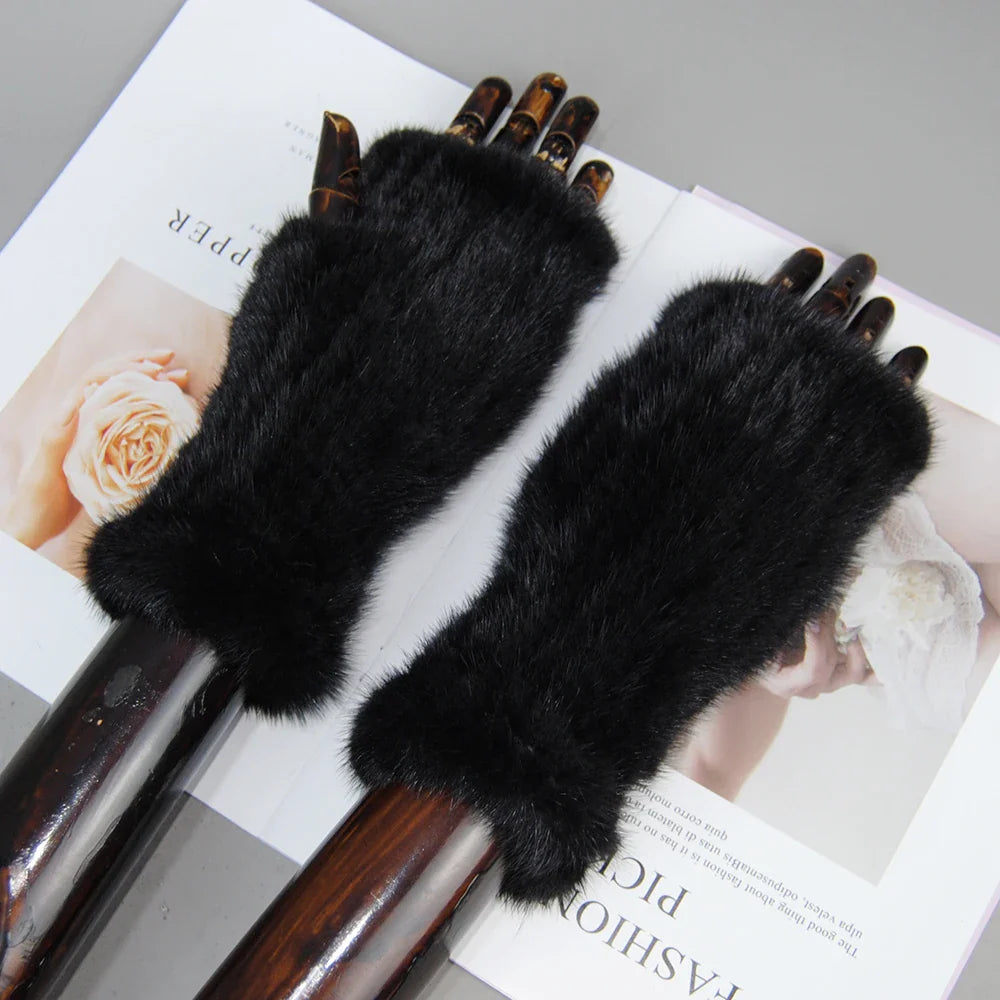 Women’s Winter Mink Fur Gloves – 100% Natural Fingerless Knitted Mittens for Warmth