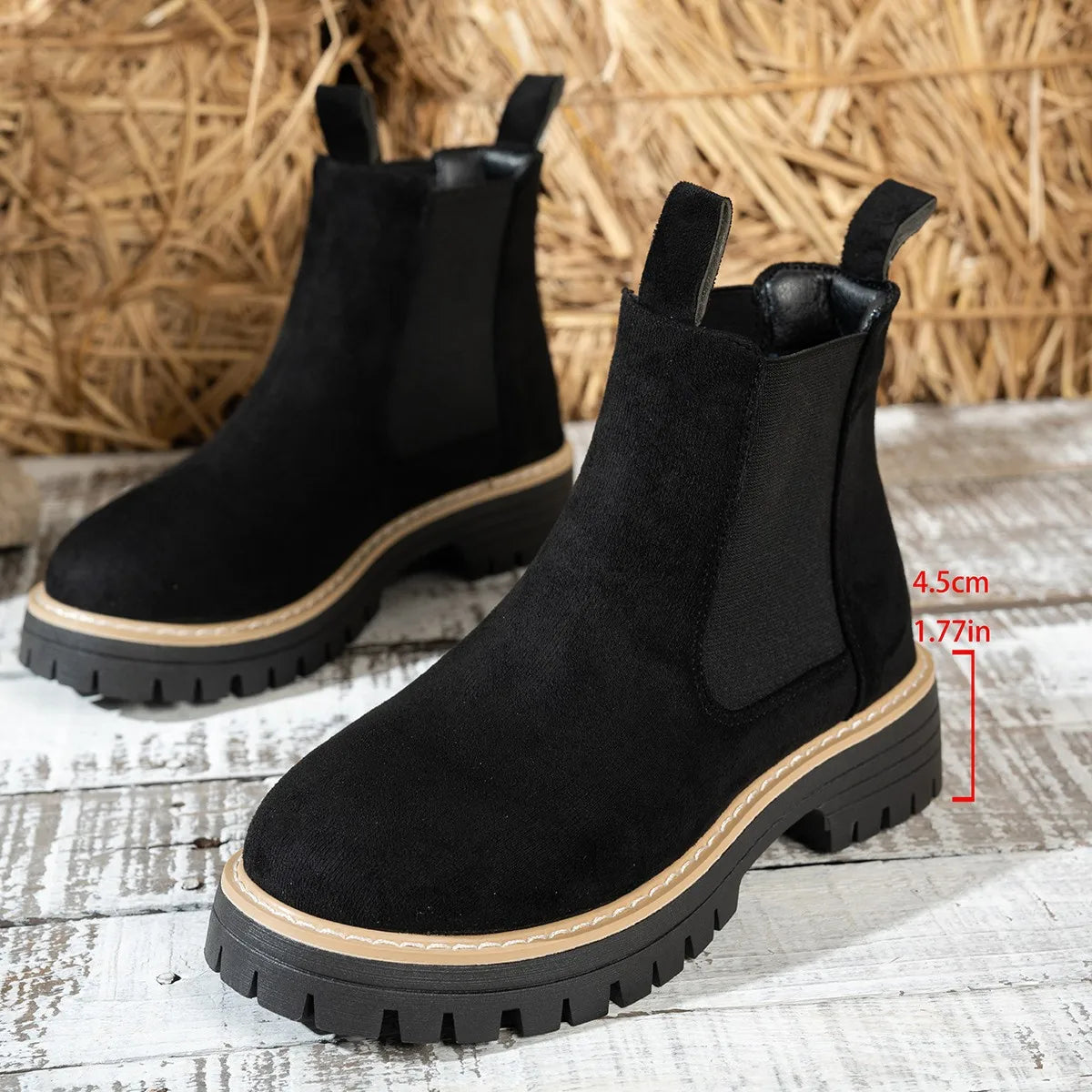 Women’s Winter 2025 Black Suede Ankle Boots – Platform Chelsea Casual Motorcycle Short Boots