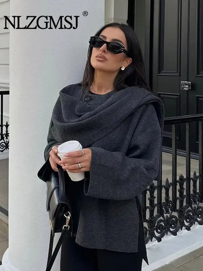 TRAF 2023 Winter Women's Scarf Coat – Long Sleeve, Knitted Asymmetric Jacket, Streetwear Casual Outerwear