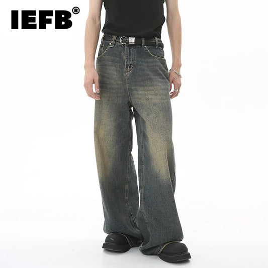 IEFB Men’s Summer Denim Jeans – Washed Blue Straight Loose Wide-Leg Casual Pants