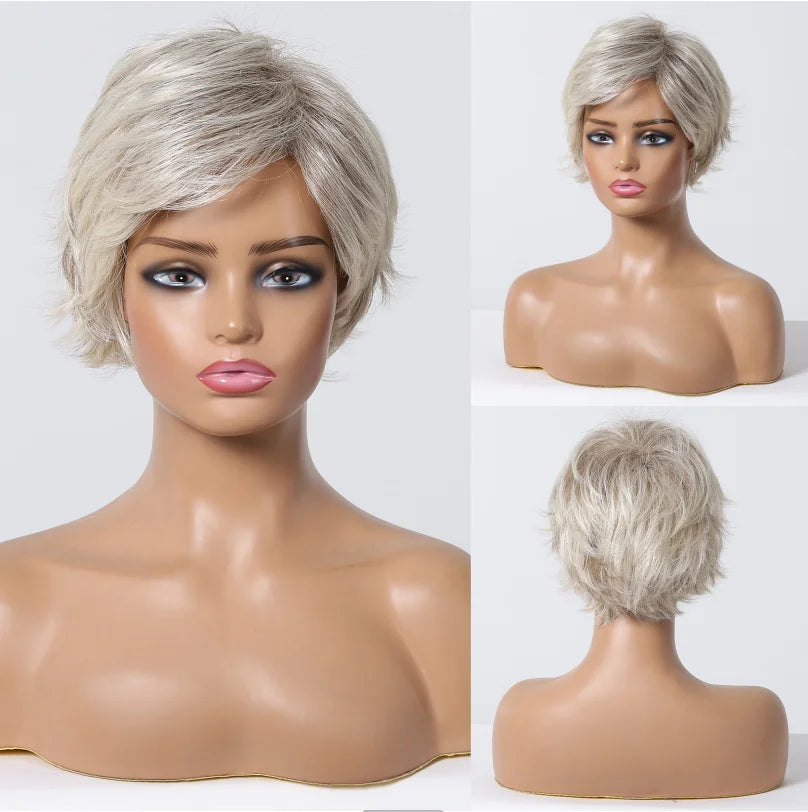 Platinum Blonde Short Pixie Cut Wig – 8 Inch Human Hair Wig with Bangs for Women, Soft Machine Made