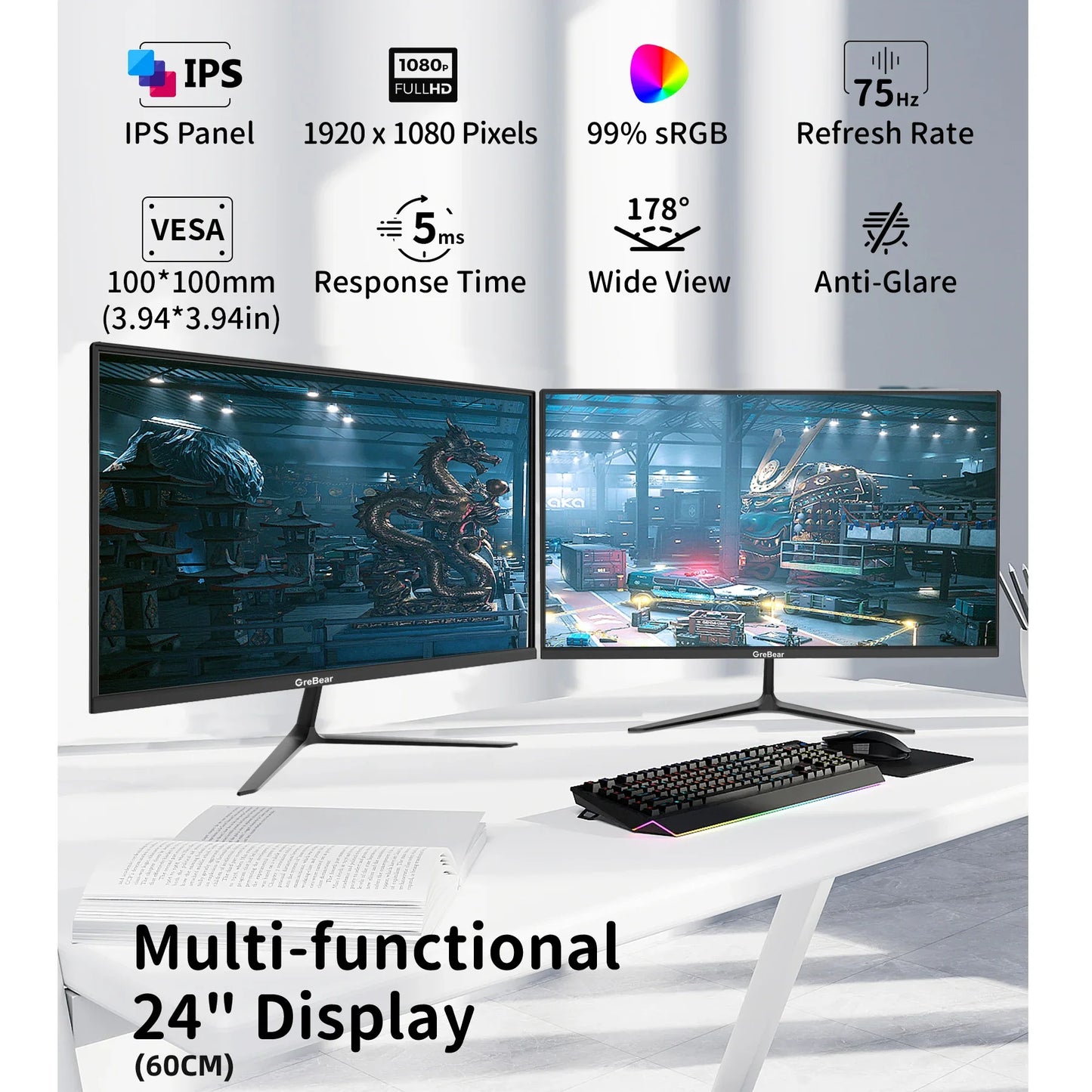 GreBear 24-Inch IPS Computer Monitor – FHD 1080p, 99% sRGB, Ultra Slim LED, 5ms Response, Low Blue Light