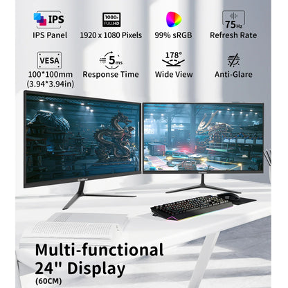 GreBear 24-Inch IPS Computer Monitor – FHD 1080p, 99% sRGB, Ultra Slim LED, 5ms Response, Low Blue Light