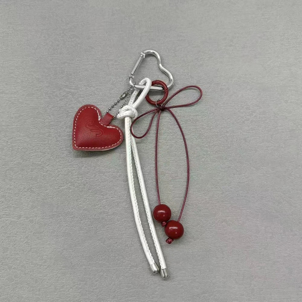 Y2K Leather Rope Keychain with Cherry Bow – Cute 3D Heart Bag Pendant Cartoon Keyring & Anti-Lost Phone Lanyard