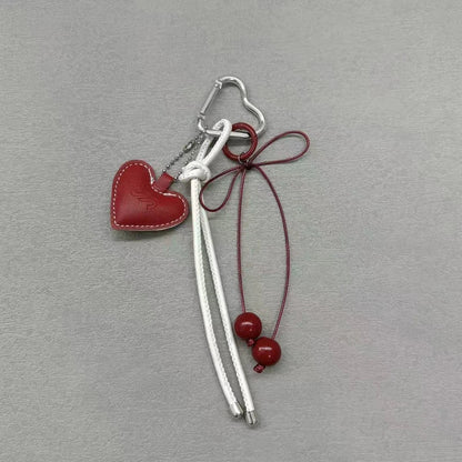 Y2K Leather Rope Keychain with Cherry Bow – Cute 3D Heart Bag Pendant Cartoon Keyring & Anti-Lost Phone Lanyard