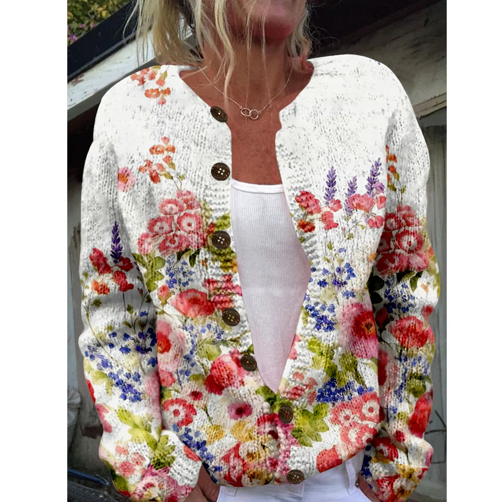 Women’s 3D Print Knitted Cardigan – Thin Vintage Sweater Autumn Winter Chic Knit Top Casual Streetwear