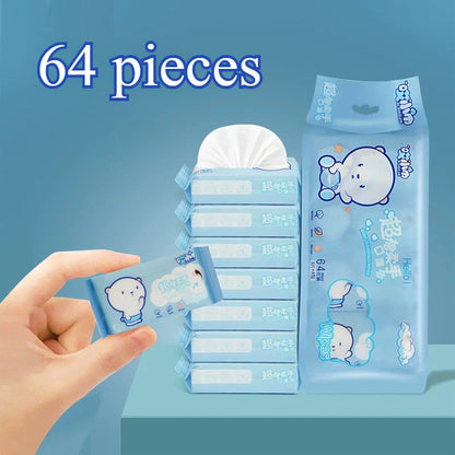 64Pcs Disposable Mini Hand Wipes – Portable Travel Size Hand & Mouth Cleaning Wet Wipes for Home, School & Daily Hygiene Use