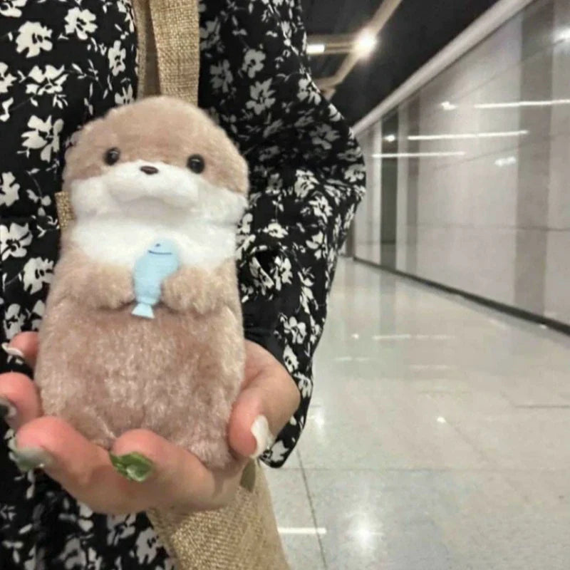Cute Otters Holding Fish Plush Keyring - Lightweight Hanging Pendant, School Bag, Key Wallet & Toy Gift (11cm)