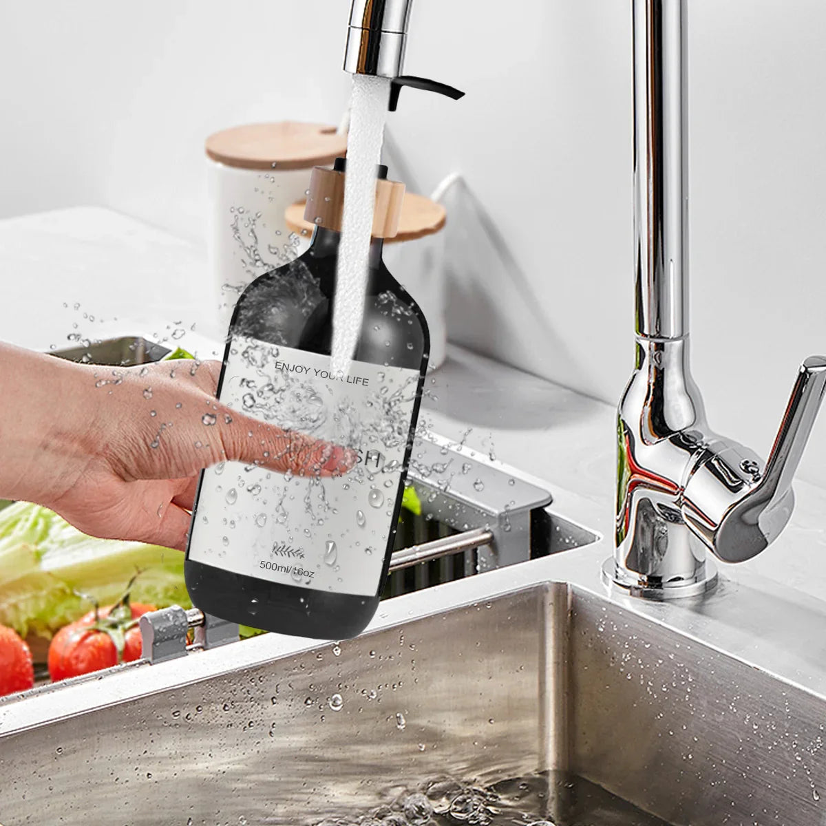 Kitchen Sink Soap Dispenser Bottle with Waterproof Labels – Refillable Dish Pump for Countertop
