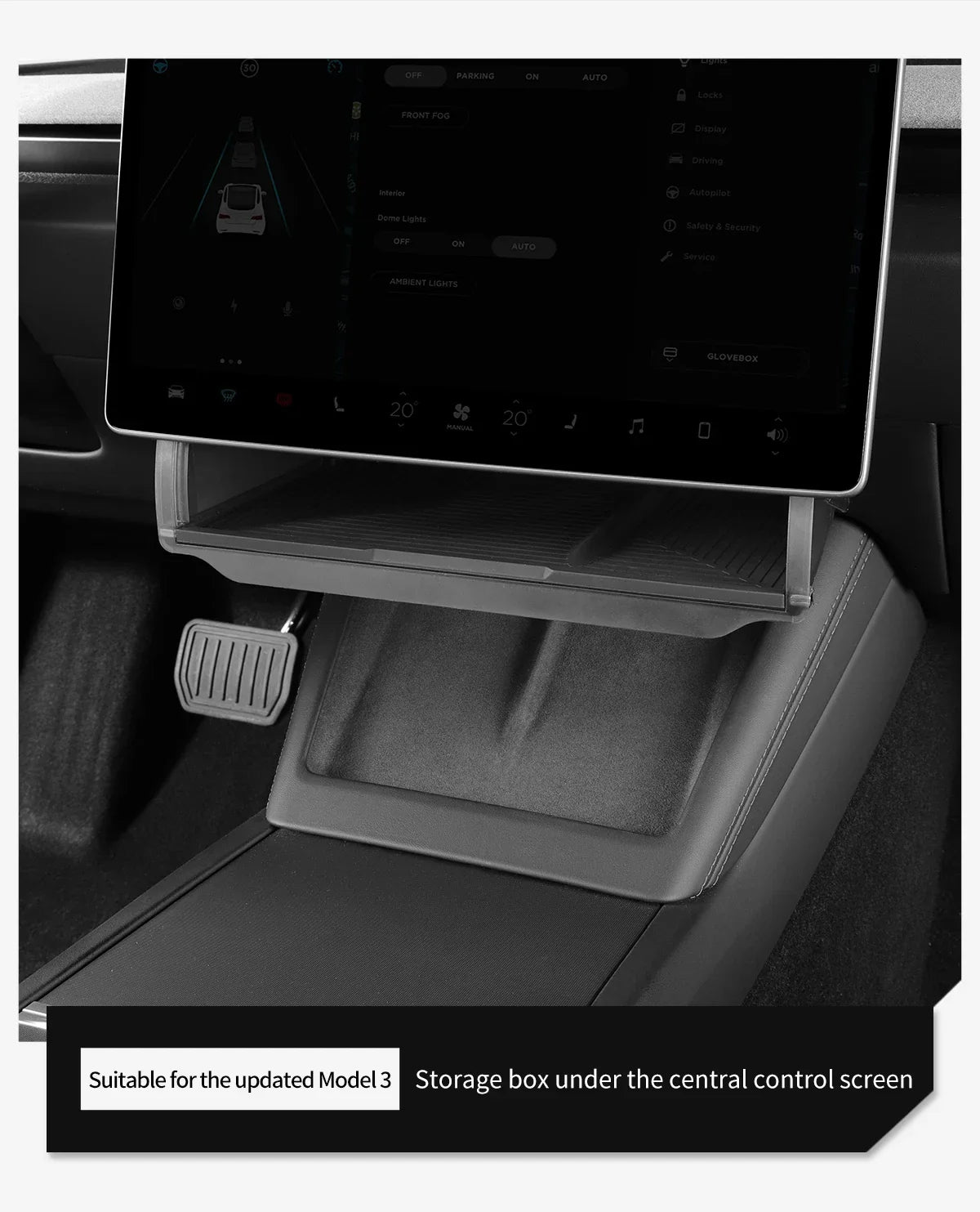 Hidden Under-Screen Storage Box for Tesla Model 3 Highland & Model Y 2024 LHD – Center Console Organizer Tray