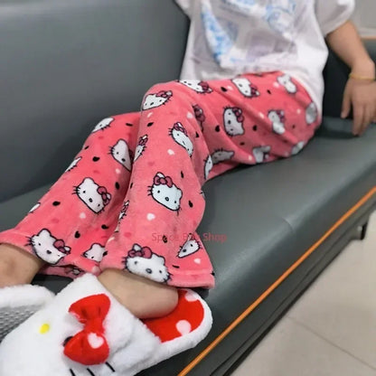 Thick Hello Kitty Fleece Pajama Pants – Soft Double Elastic Anime Trousers for Women, Cute Sanrio Birthday Gift