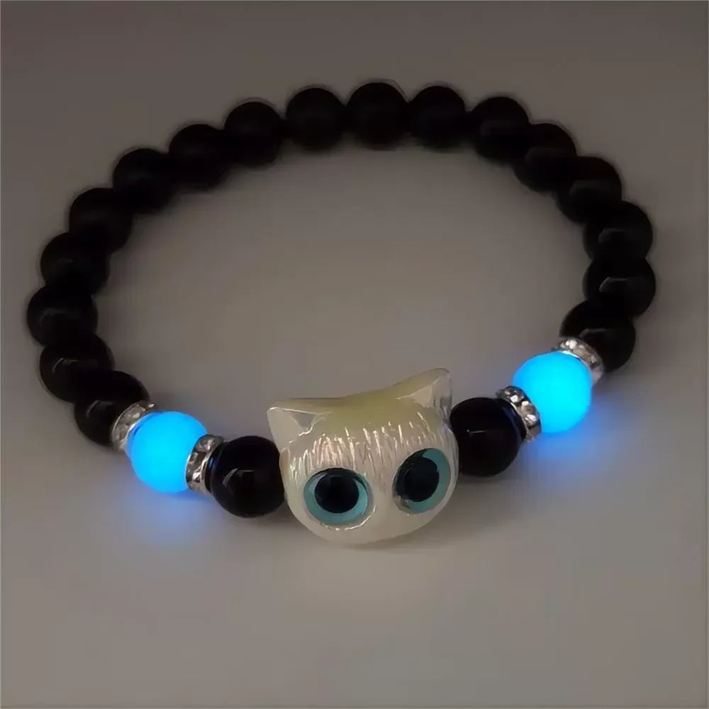 Couples Matching Luminous Cat Bracelets – Cute Black & White Cat Head Bead Friendship Bracelet for Men and Women