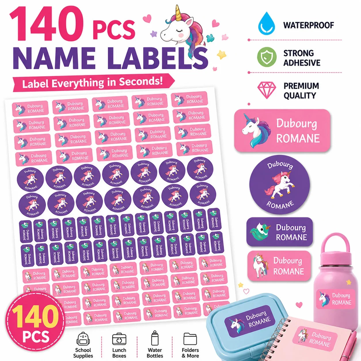 140PCS Custom Waterproof Name Stickers - Cartoon Personalized Labels for Clothes & Personal Items