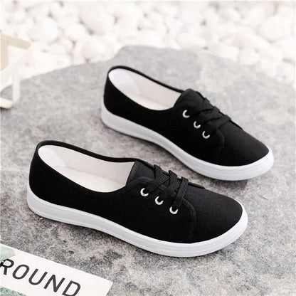 Lady Classic Round Toe White Canvas Shoes | Comfortable Lace-Up Street Sneakers for Students