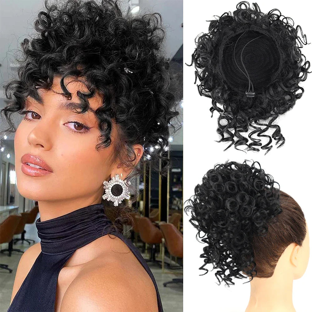 Synthetic Messy Bun Hair Piece – 60g Elastic Drawstring Curly Wave Hair Bun Extension for Women (Dark Brown)