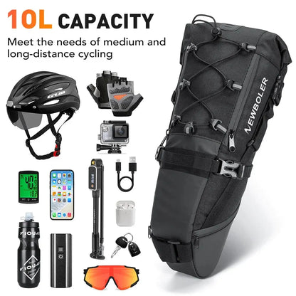 NEWBOLER Waterproof Bike Saddle Bag – 10L Large Capacity Foldable Rear Tail Bag for MTB, Road & Bikepacking