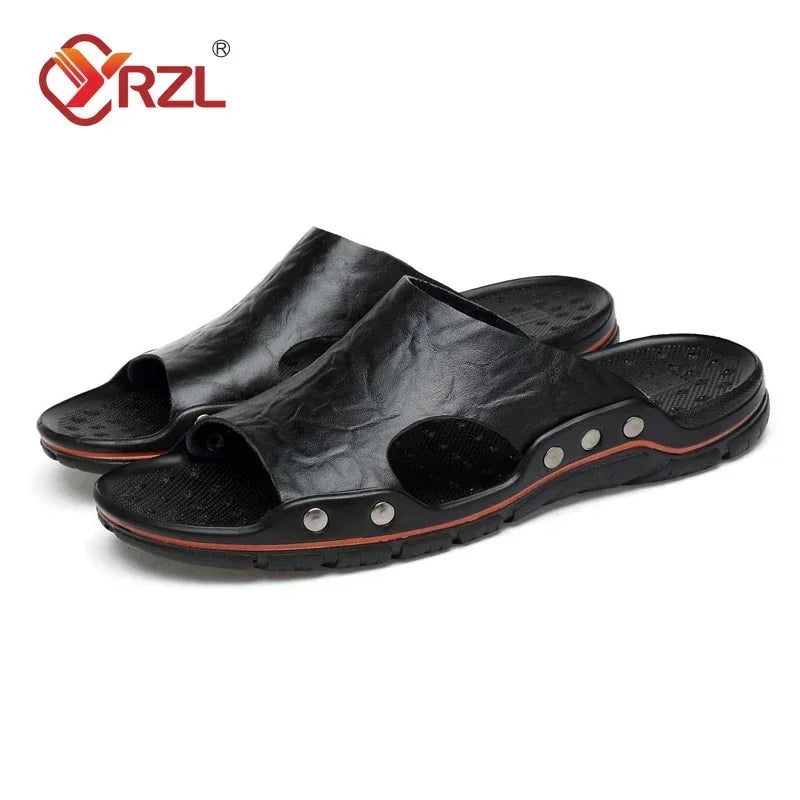 YRZL Men’s PU Leather Sandals – Classic Summer Slippers, Soft Black Lightweight EVA Slides, Big Sizes